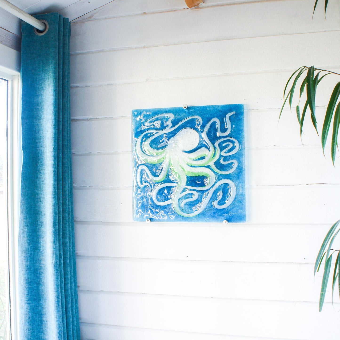 octopus art, wall hanging, blue wall art, wall sculpture, 3d wall art, bathroom art, lime green octopus, extra wall art, fused glass art wall decor, modern art, nautical blue orange, square sea glass