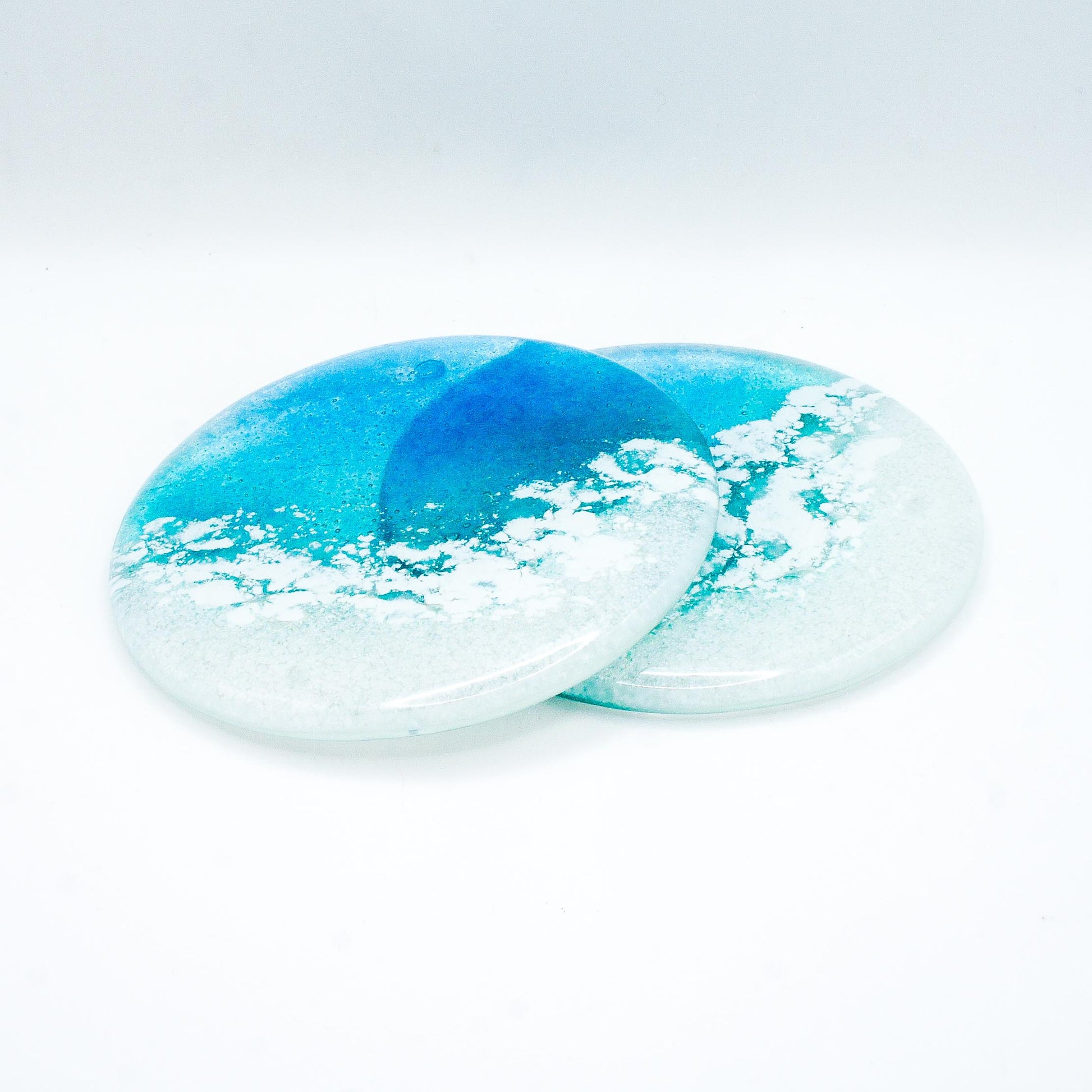 beach fused glass coaster
round coaster coastal
handmade coaster sailing
tile coaster teal
house warming gift
beach house decor
set of 2 coasters
gift for her
handmade glass
seaside gifts
sea glass art
coffee table decor
nautical decor