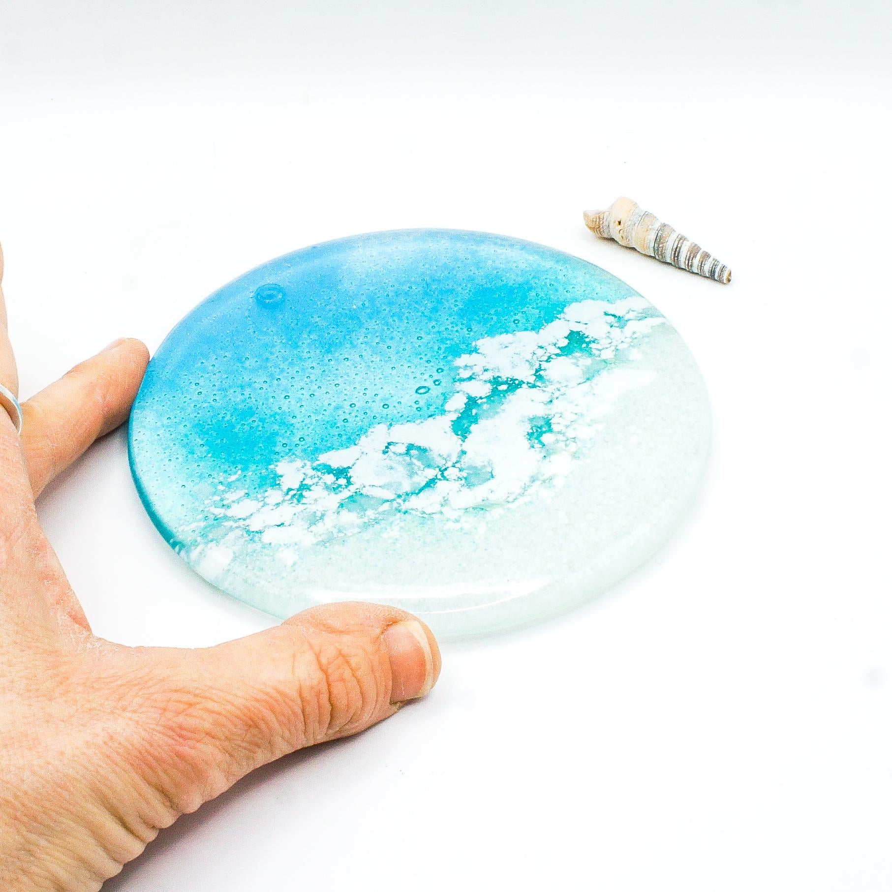 beach fused glass coaster
round coaster coastal
handmade coaster sailing
tile coaster teal
house warming gift
beach house decor
set of 2 coasters
gift for her
handmade glass
seaside gifts
sea glass art
coffee table decor
nautical decor