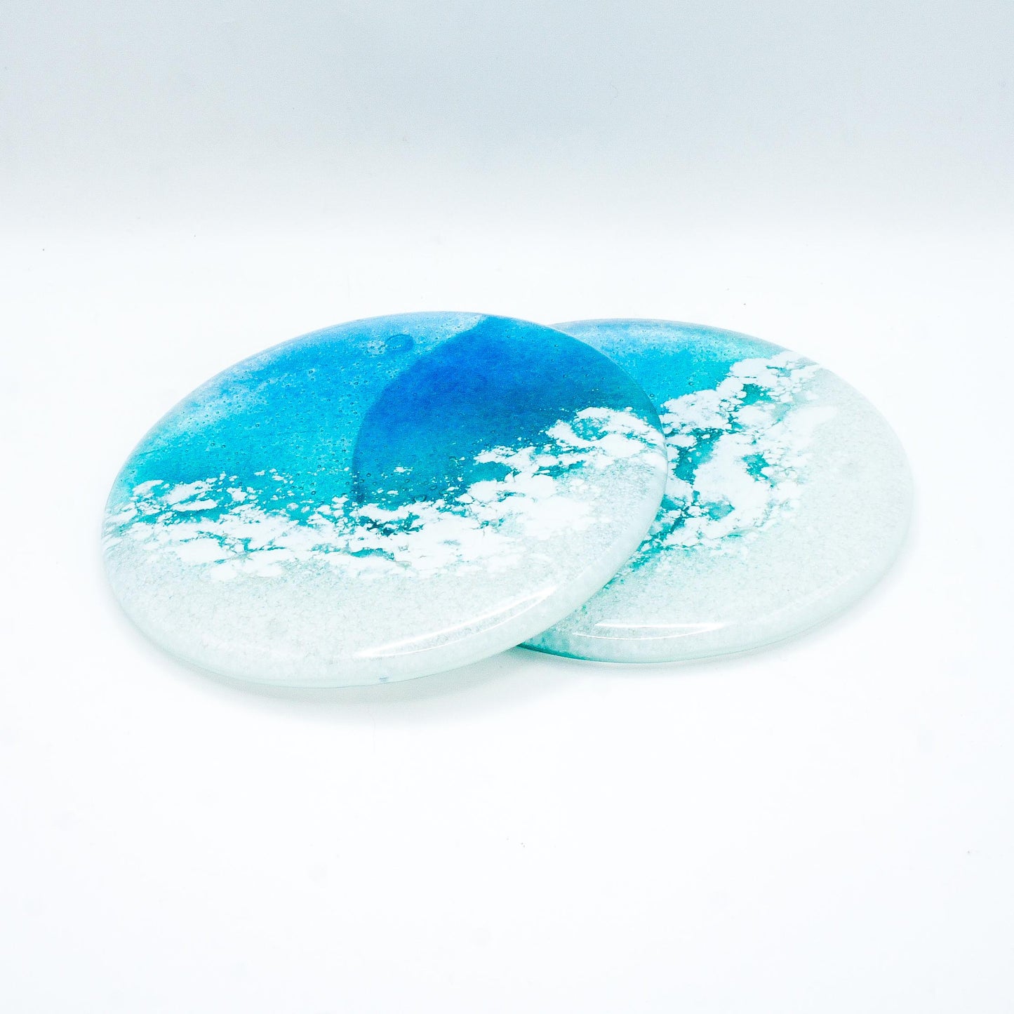 beach fused glass coaster
round coaster coastal
handmade coaster sailing
tile coaster teal
house warming gift
beach house decor
set of 2 coasters
gift for her
handmade glass
seaside gifts
sea glass art
coffee table decor
nautical decor