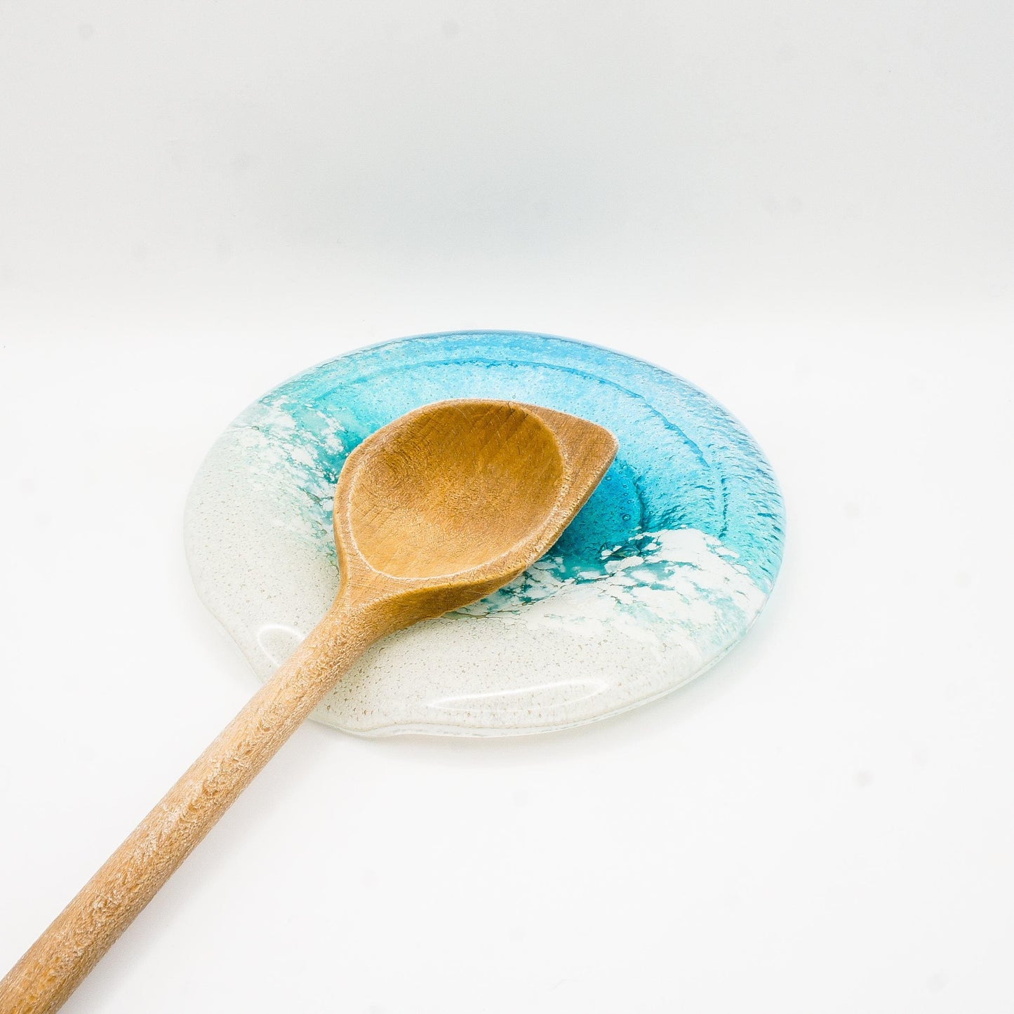 round beach fused glass teal spoon rest, kitchenware, kitchen décor, beach gift idea, housewarming gift, kitchen accessories, nautical gifts, new home gift, anniversary gift, beach home décor, unique gift