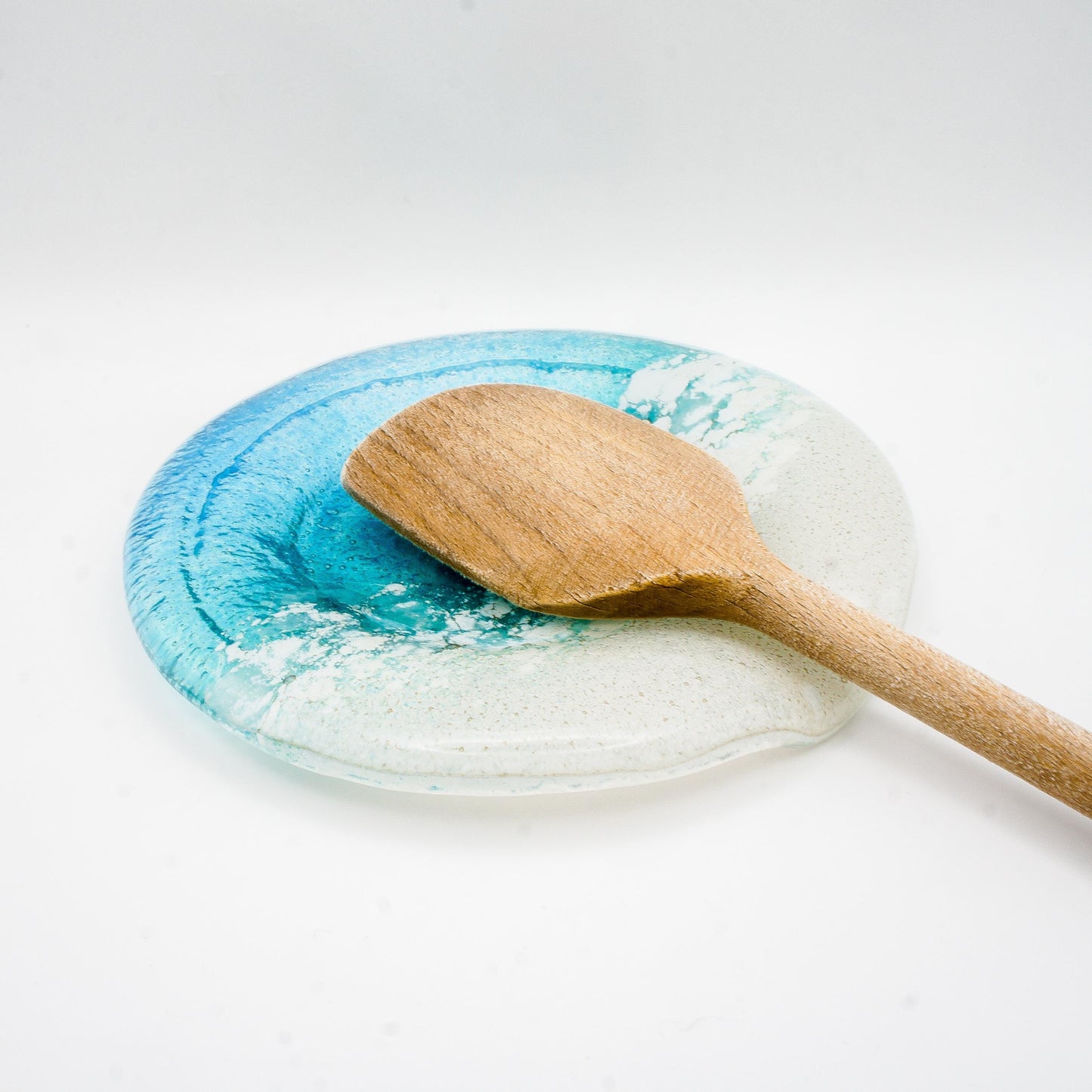 round beach fused glass teal spoon rest, kitchenware, kitchen décor, beach gift idea, housewarming gift, kitchen accessories, nautical gifts, new home gift, anniversary gift, beach home décor, unique gift
