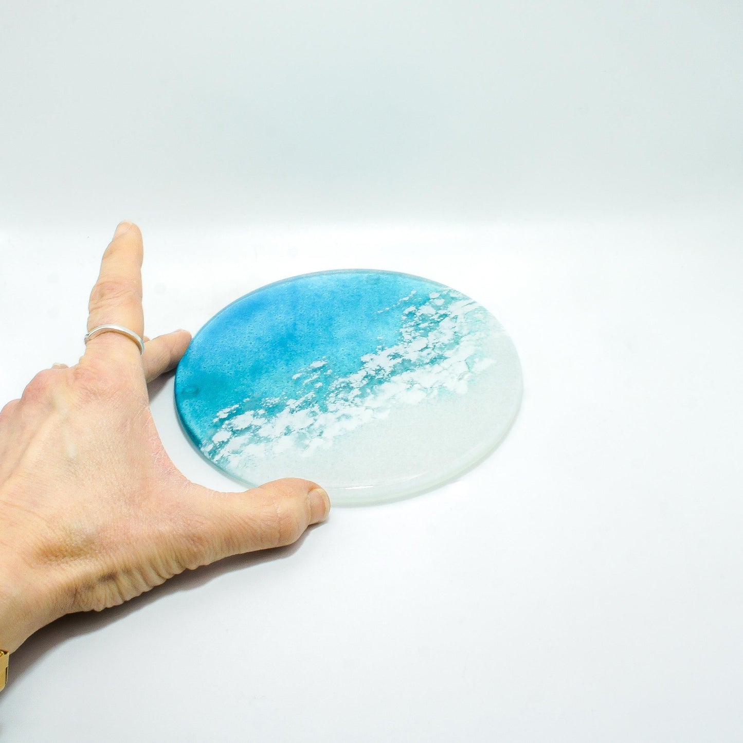 round beach fused glass teal wine bottle coaster, wine coaster, wine gift, kitchenware, kitchen décor, beach gift idea, housewarming gift, kitchen accessories, nautical gifts, new home gift, anniversary gift, beach home décor, unique gift