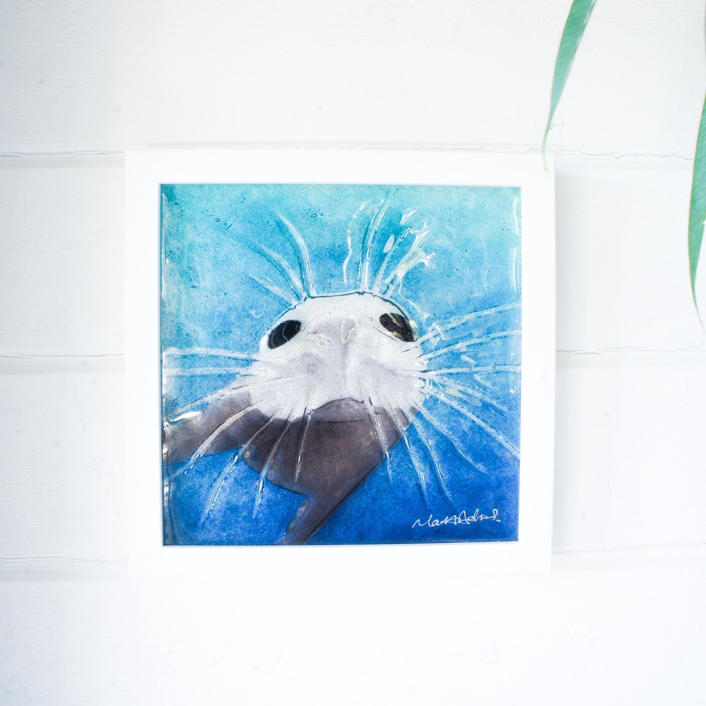 seal face fused glass art frame 25cm 10" blue teal water, underwater animal, animal print, wall art, pictureframe, unique wall art, wall hanging, handmade wall decor, vibrant piece of art, sea animal turquoise decor, sealface with moustache, cute art, seal swimming in deep sea