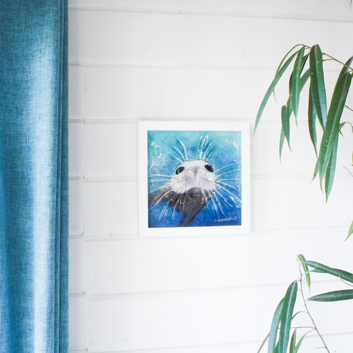 seal face fused glass art frame 25cm 10" blue teal water, underwater animal, animal print, wall art, pictureframe, unique wall art, wall hanging, handmade wall decor, vibrant piece of art, sea animal turquoise decor, sealface with moustache, cute art, seal swimming in deep sea
