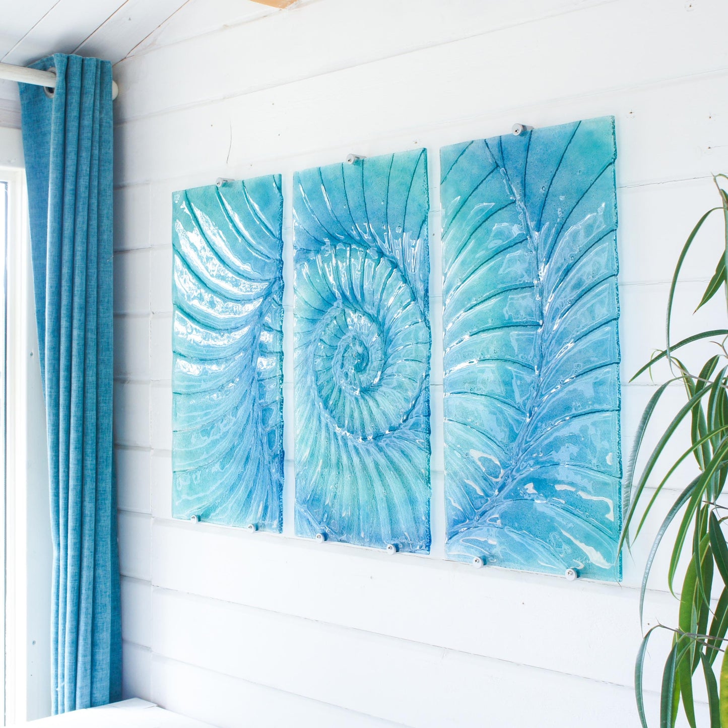 blue turquoise dark blue ammonite triptych wall art fused glass