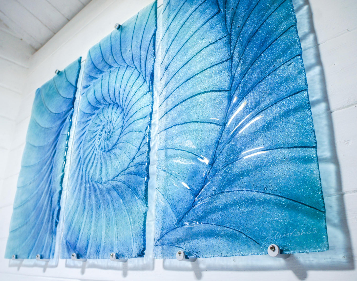 blue turquoise dark blue ammonite triptych wall art fused glass