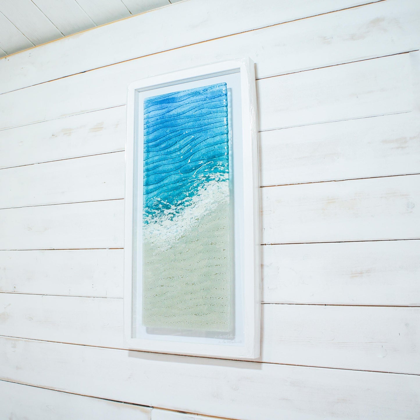 portrait beach turquoise teal blue fused glass frame 30x60cm
