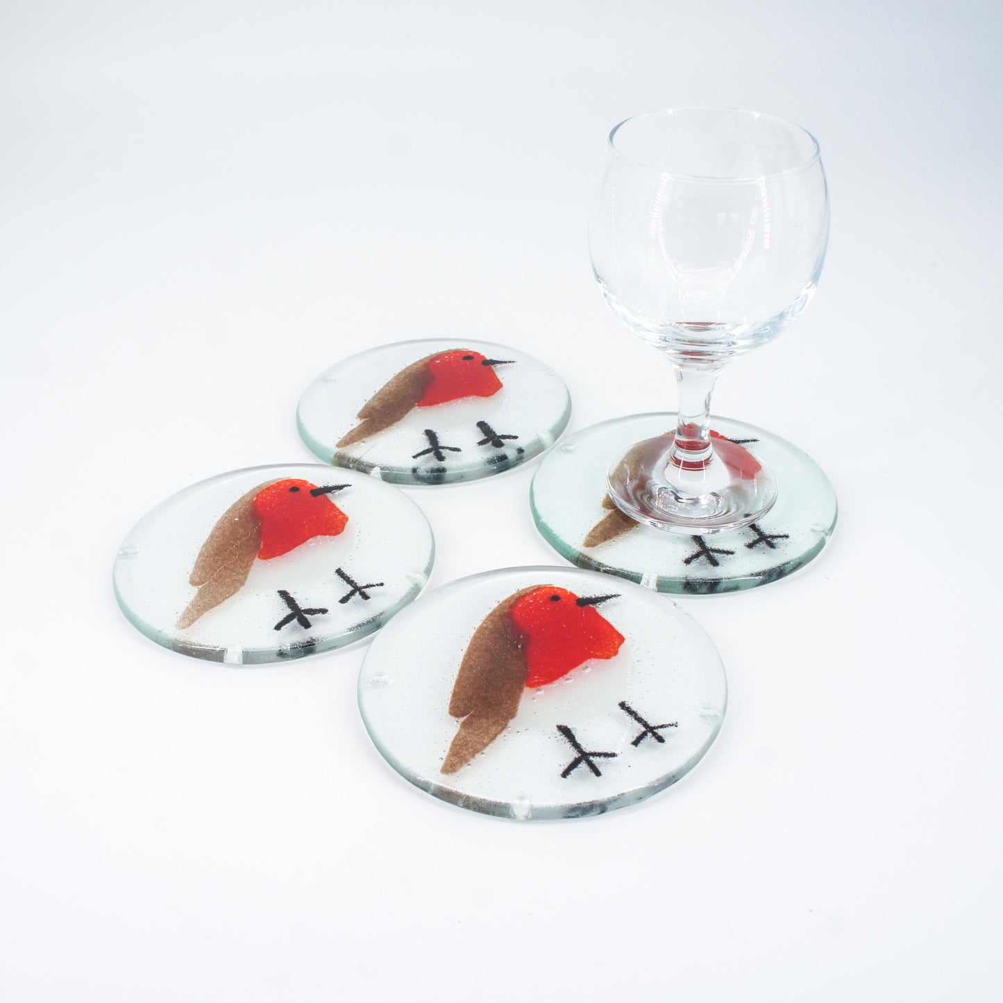 Set of 2 Robin Fused Glass Round Coasters 11cm(4 1/3"), robin round coaster red & grey, sea glass art, bird coasters