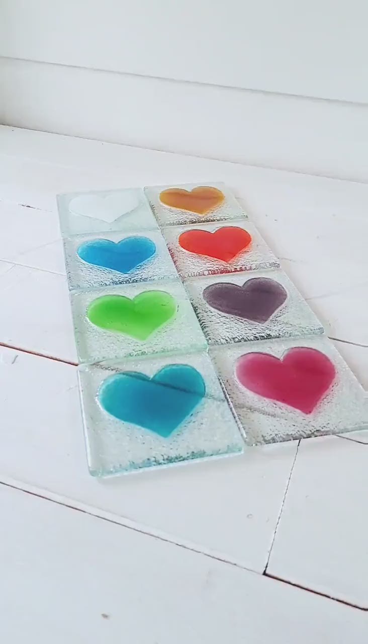 Set of 2 Heart Fused Glass Coasters, Set of two coasters, Fused glass coasters, glass heart coasters, heart fused glass coasters