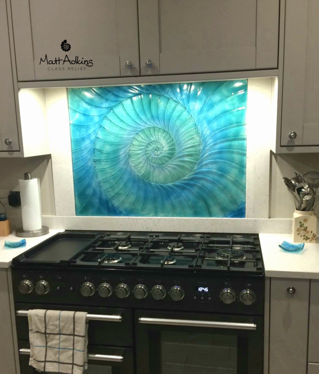 Ammonite Splashback Turquoise Blue - Commission 20" high * 24" wide (61x51cm)