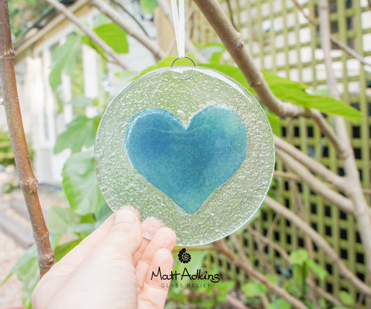 Blue Heart Fused Glass Hanging Suncatcher - 12cm(5") with ribbon and optional organza bag