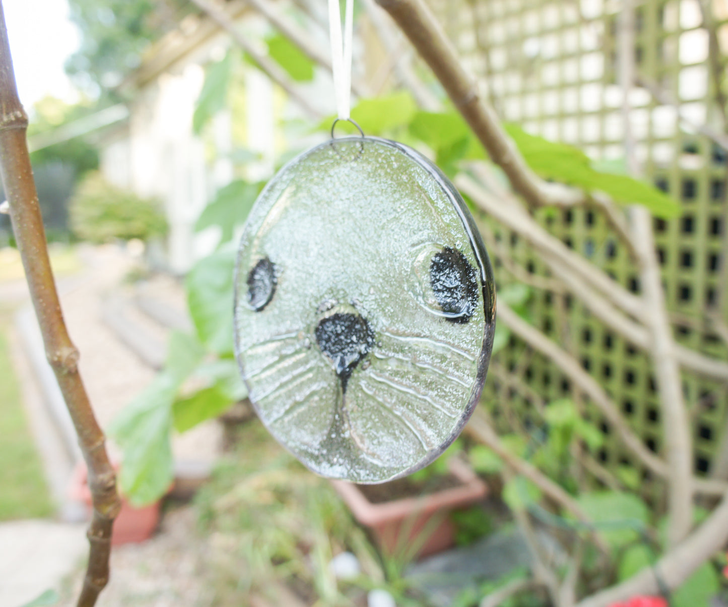 round seal face fused glass clear and black suncatcher 12cm or 5"