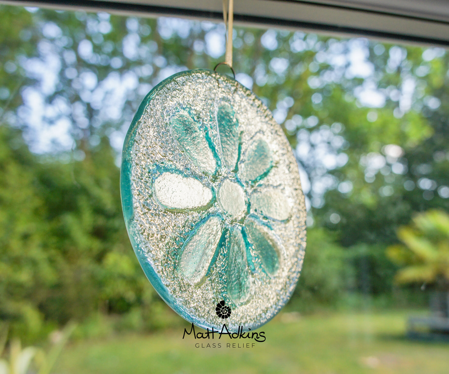 aqua daisy fused glass suncatcher round
