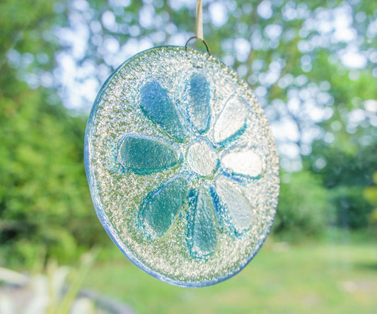 Blue Daisy Fused Glass Hanging Suncatcher - 12cm(5") with ribbon and optional organza bag