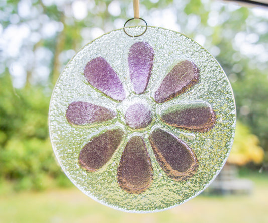 Purple Daisy Glass Hanging Suncatcher - 12cm(5") with ribbon and optional organza bag