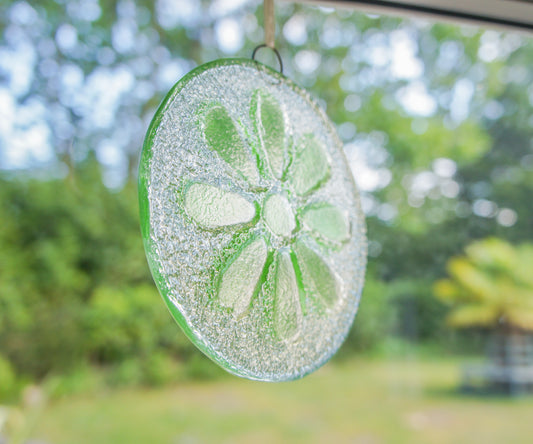 Green Daisy Fused Glass Hanging Suncatcher - 12cm(5") with ribbon and optional organza bag