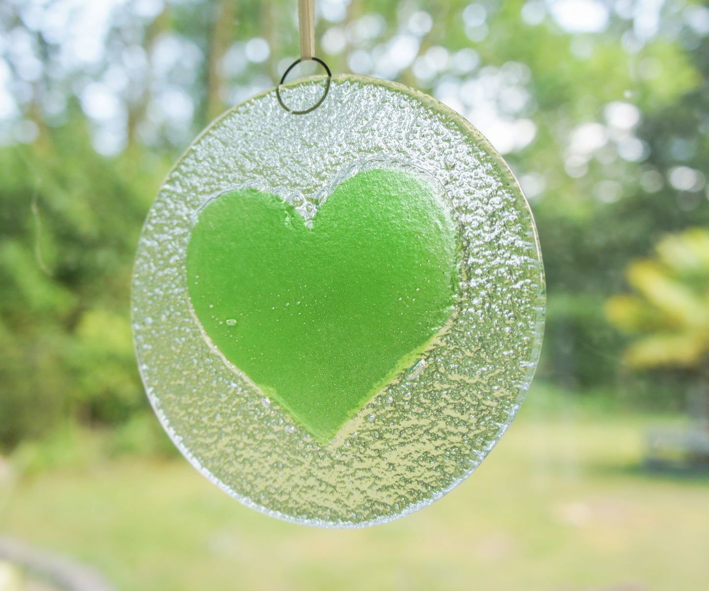 light green fused glass suncatcherwith ribbon