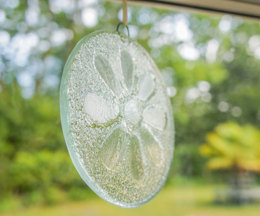 Clear Daisy Fused Glass Hanging Suncatcher - 12cm(5") with ribbon and optional organza bag