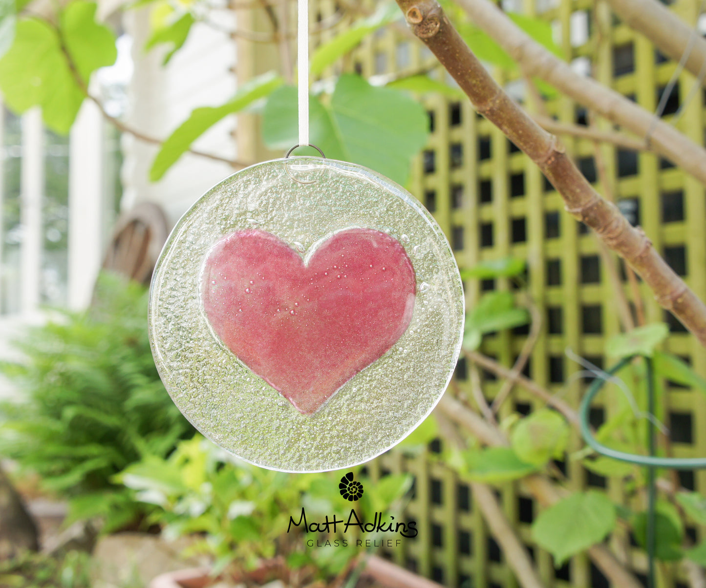 Cherry Pink Heart Fused Glass Hanging Suncatcher