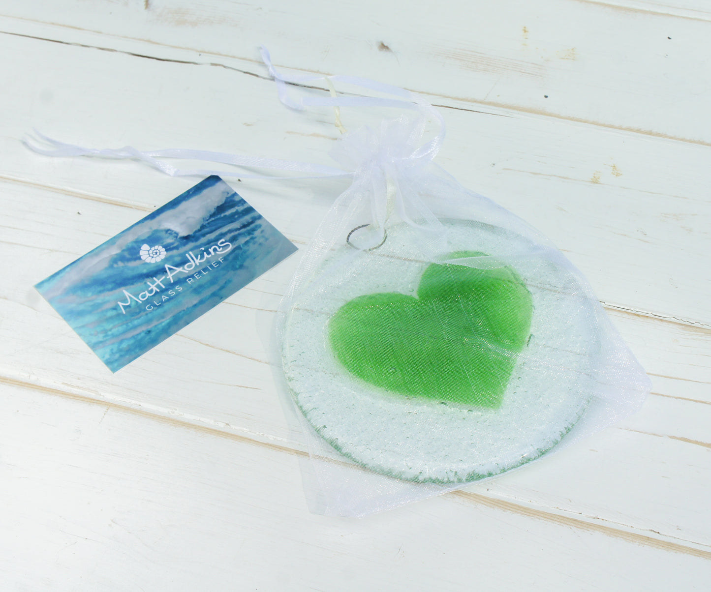 Lime Green Heart Fused Glass Suncatcher - 12cm(5")