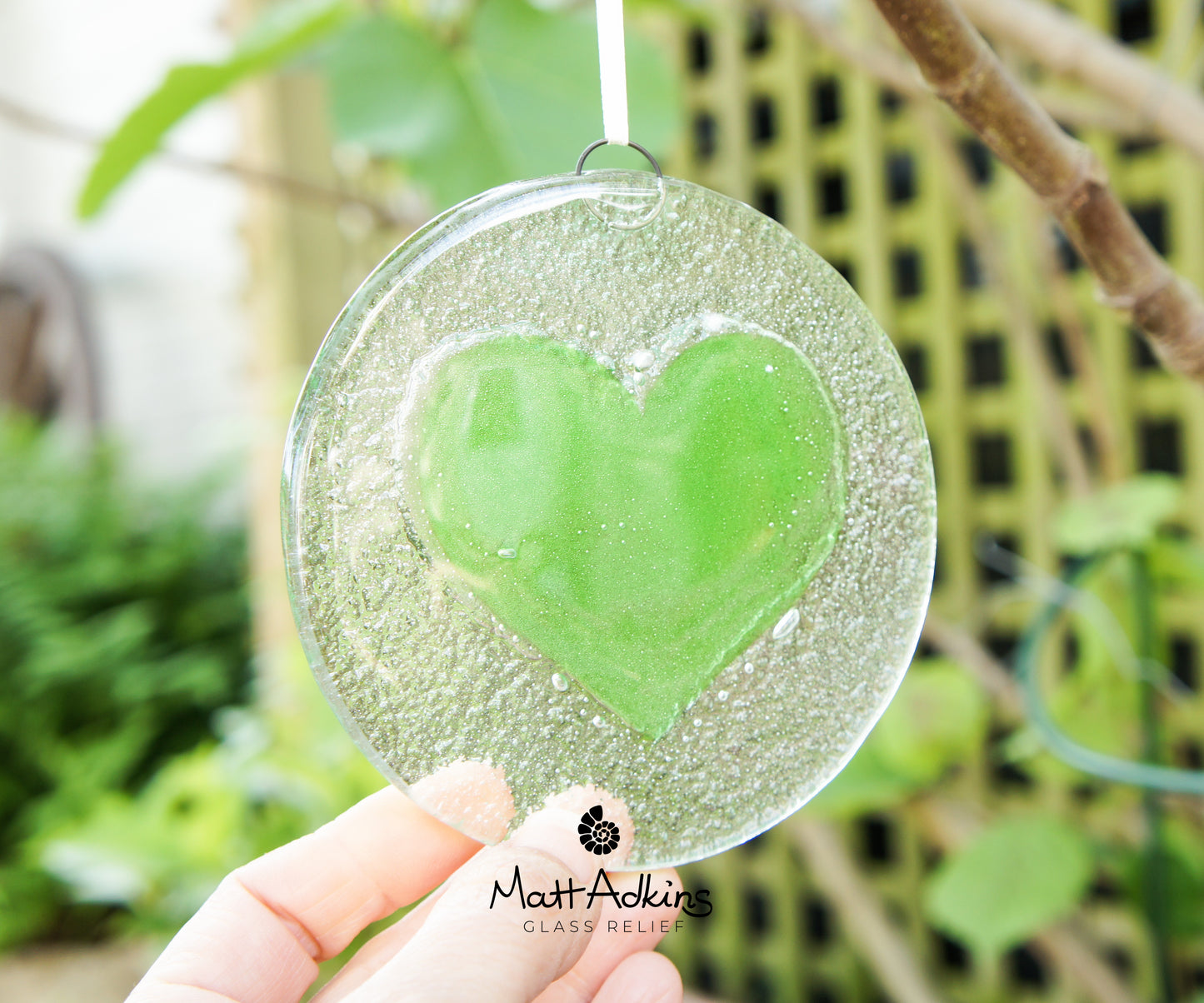 Lime Green Heart Fused Glass Suncatcher - 12cm(5")