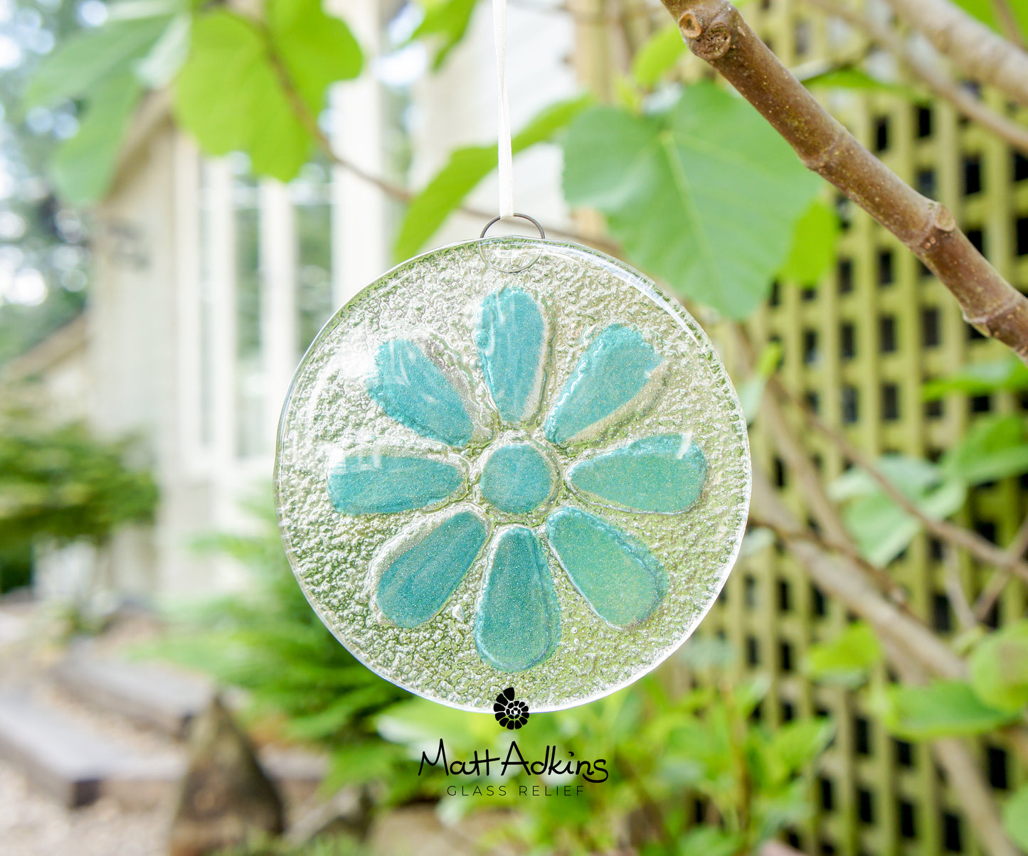 teal round flower glass suncatcher with ribbon