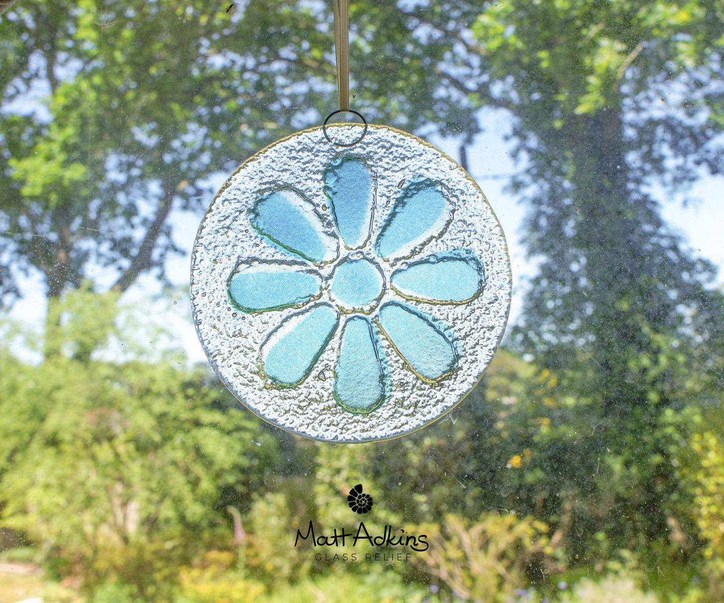 Turquoise Daisy Fused Glass Suncatcher - 12cm(5")