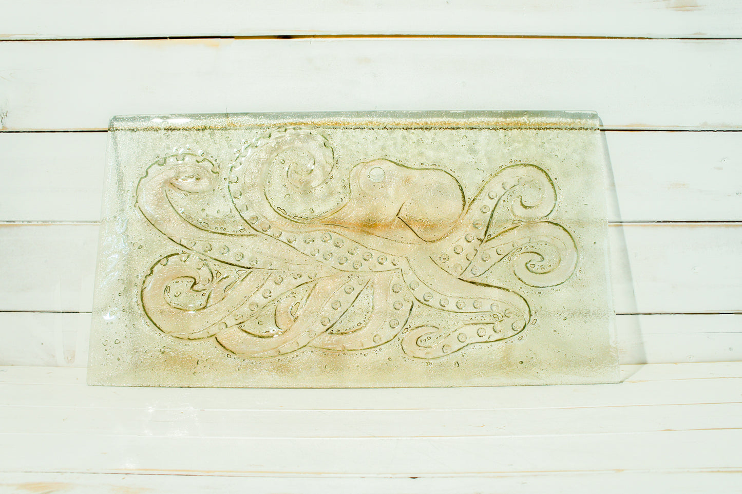 glass wall art sea life octopus in peach / rose gold / light amber 60x33cm / 23 1/2x13"