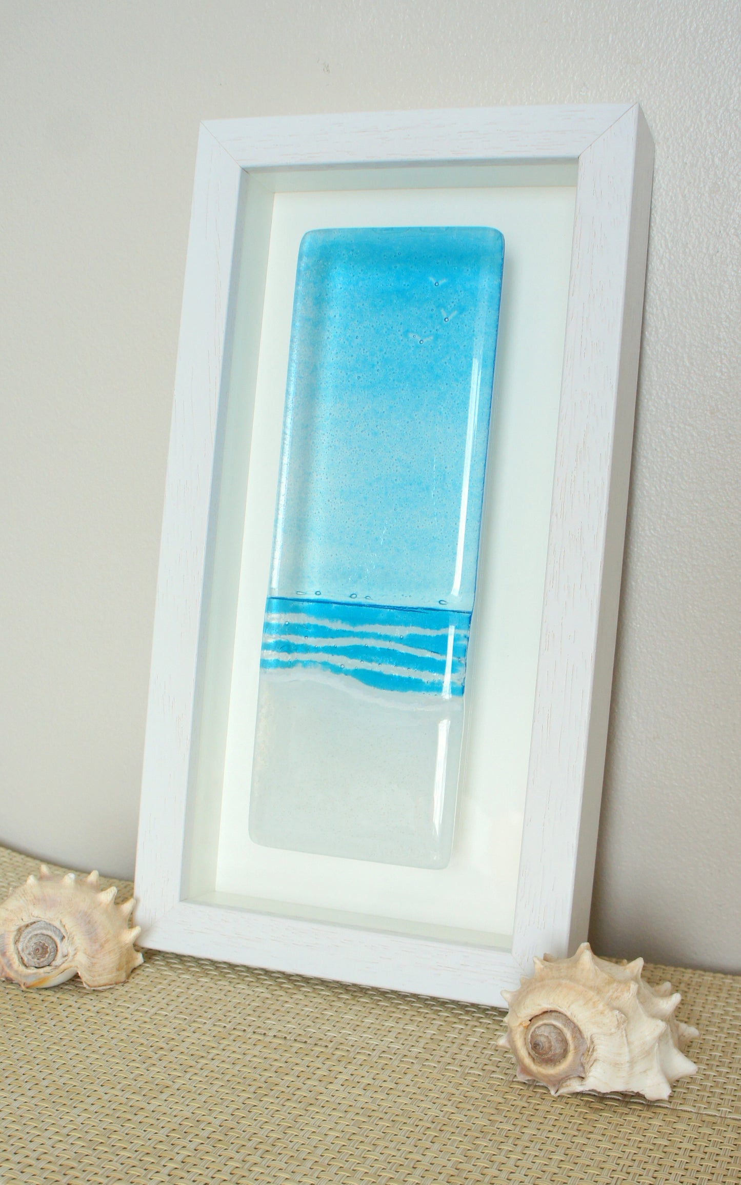 Beach Frame Portrait Blue Fused Glass Wall Art - 34x18cm