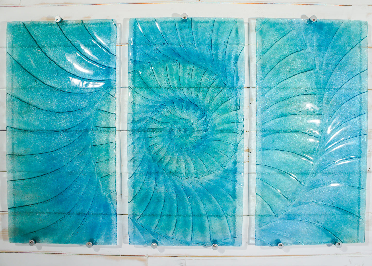 Triptych Ammonite Panels OVERALL 100x60cm (40x23") incl. gaps and 9 fixings - Blue/Turquoise - Each Panel 30x60cm (12x23") Large Portrait Fossil Fused Glass Wall Art