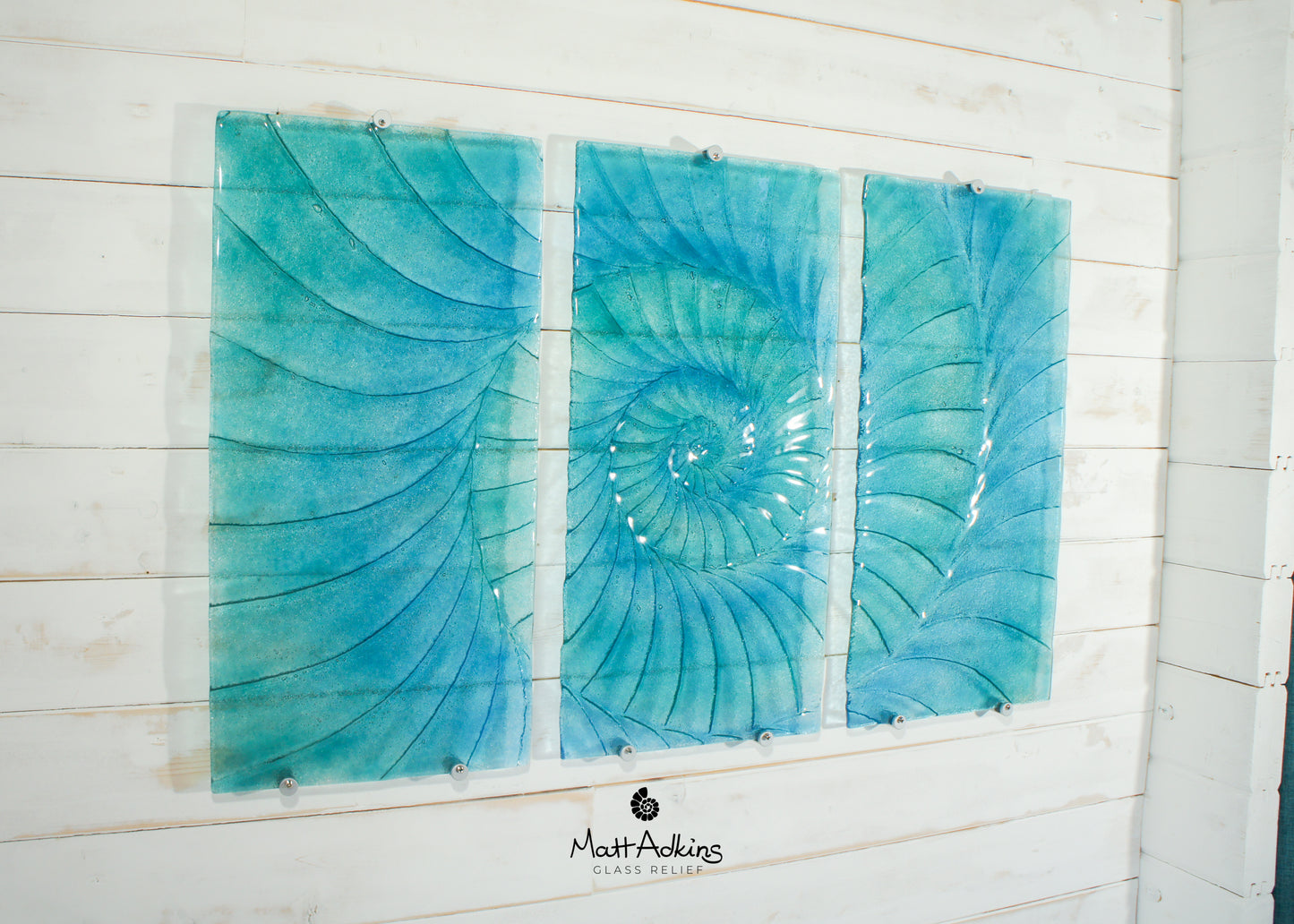 Triptych Ammonite Panels OVERALL 100x60cm (40x23") incl. gaps and 9 fixings - Blue/Turquoise - Each Panel 30x60cm (12x23") Large Portrait Fossil Fused Glass Wall Art