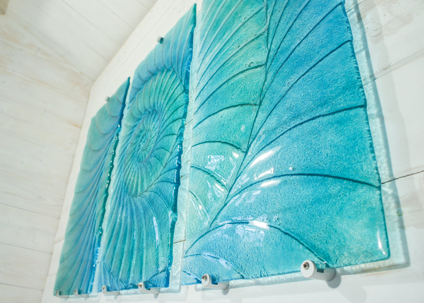 Triptych Ammonite Panels OVERALL 100x60cm (40x23") incl. gaps and 9 fixings - Blue/Turquoise - Each Panel 30x60cm (12x23") Large Portrait Fossil Fused Glass Wall Art