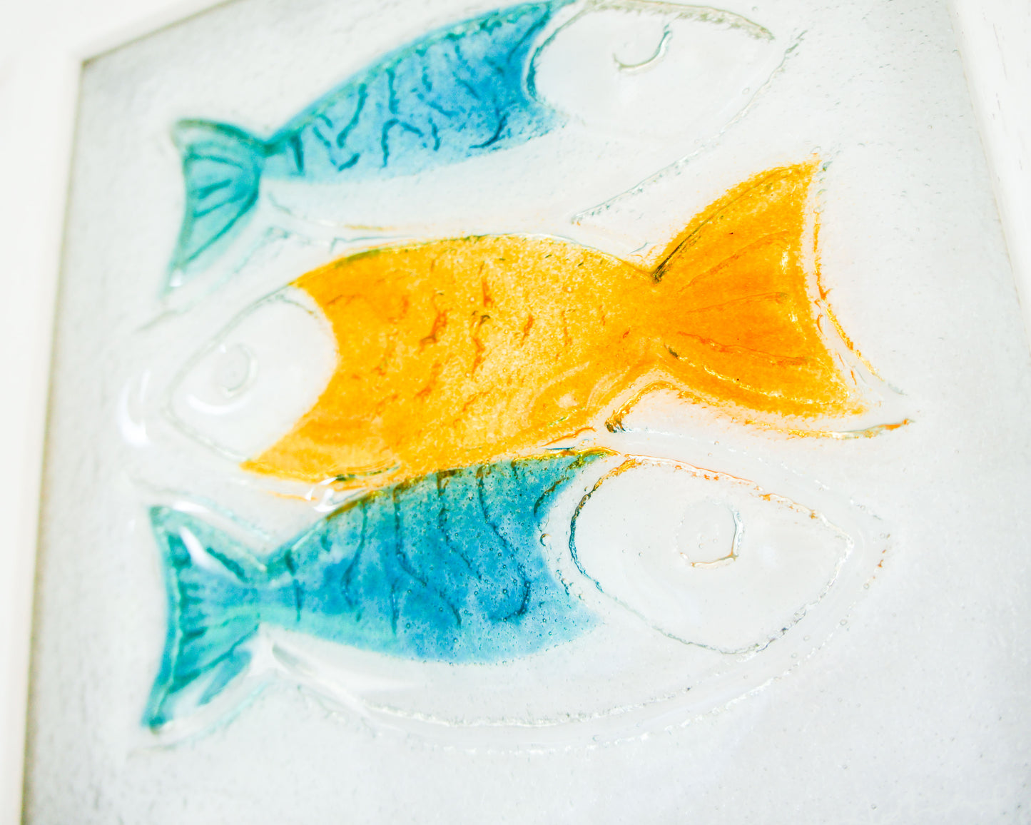 3 Fish Glass Art 25x25cm (10"x10") - Blue Orange Fish Glass Framed Picture - Fish Coastal Wall Art