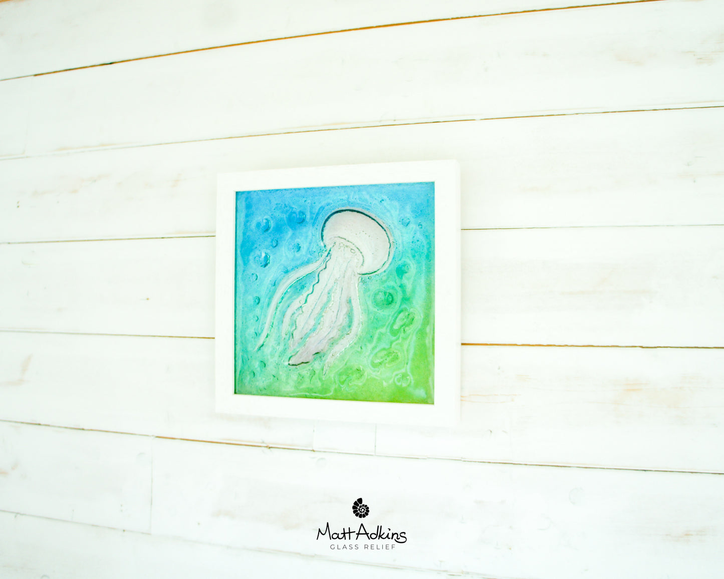 Jellyfish Glass Art 25x25cm (10"x10") - Blue Turquoise Green Jellyfish Glass Framed Picture - Fish Coastal Wall Art