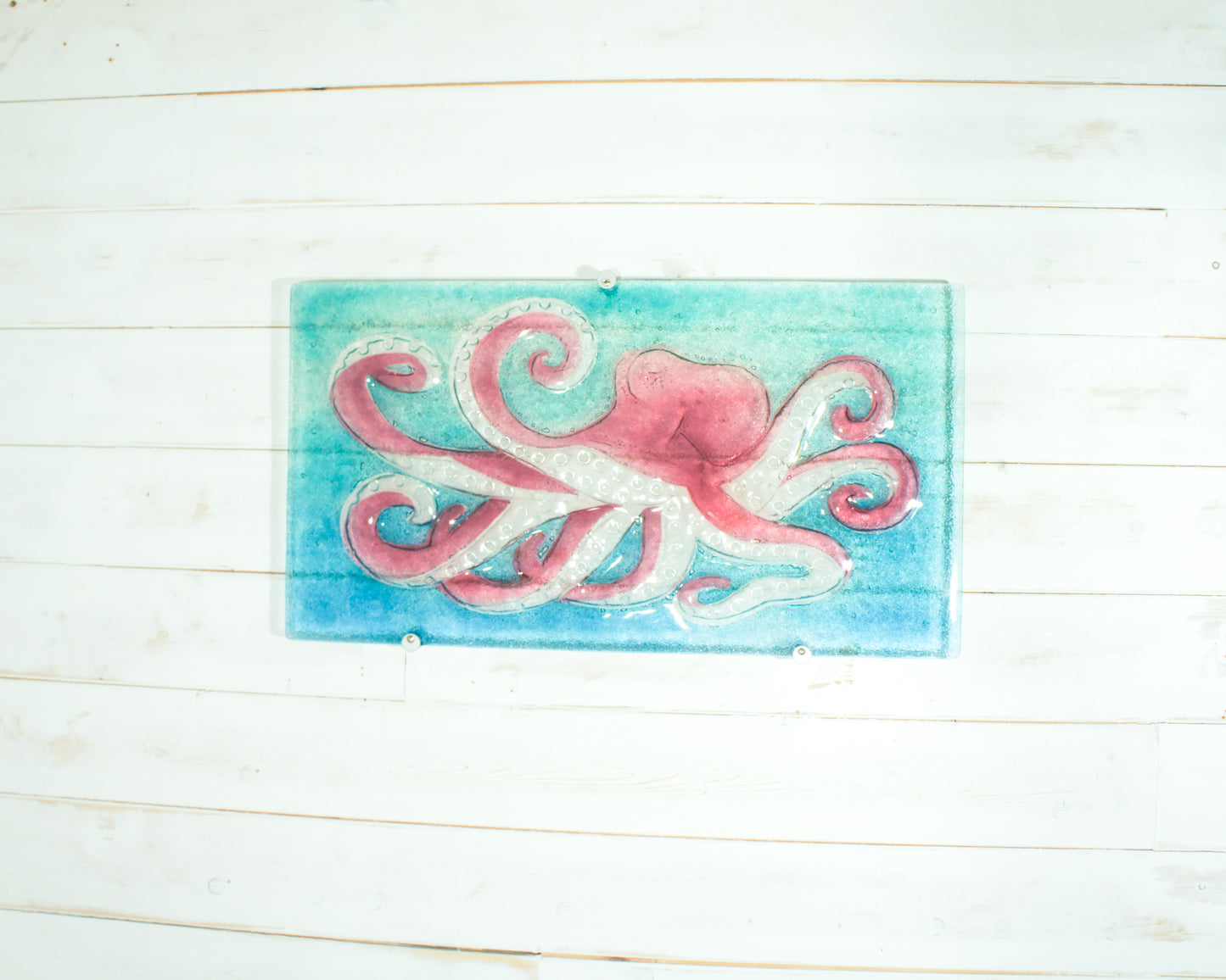 Cherry Octopus Glass Art 60x33cm(23 1/2x13") - Cherry Clear Blue Landscape Octopus Fused Glass Wall Sculpture + Fixings