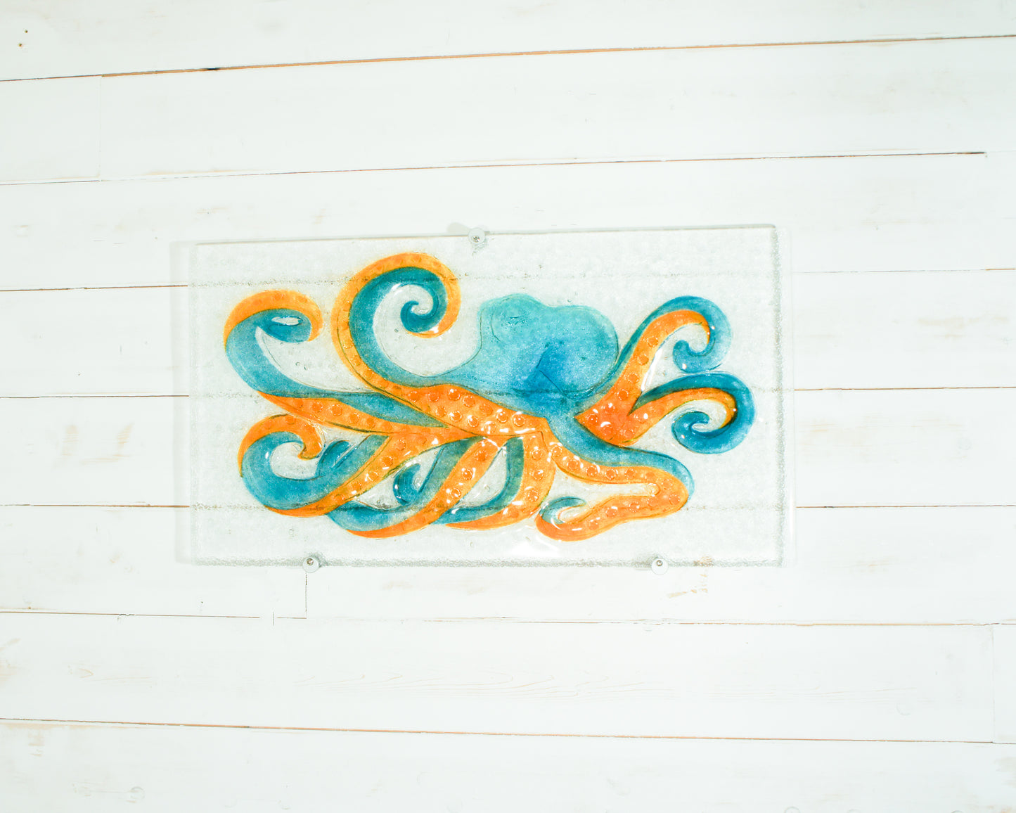 Octopus Glass Art 60x33cm(23 1/2x13") - Orange Blue turquoise Landscape Octopus Fused Glass Wall Sculpture + Fixings