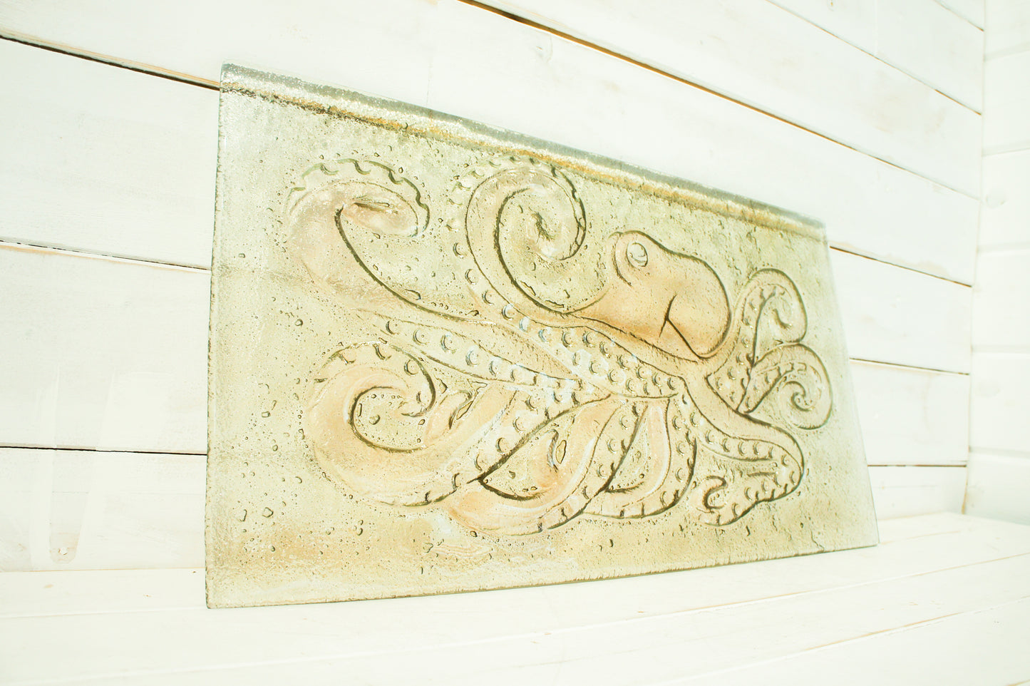 glass wall art sea life octopus in peach / rose gold / light amber 60x33cm / 23 1/2x13"