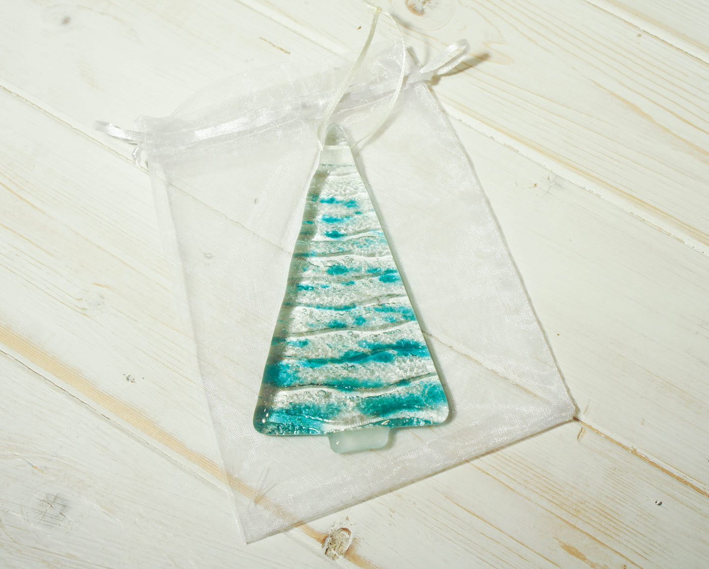 2 to 6 Medium Turquoise Glass Trees - Hanging - 12cm/3 3/4" - with ribbon and organza bag