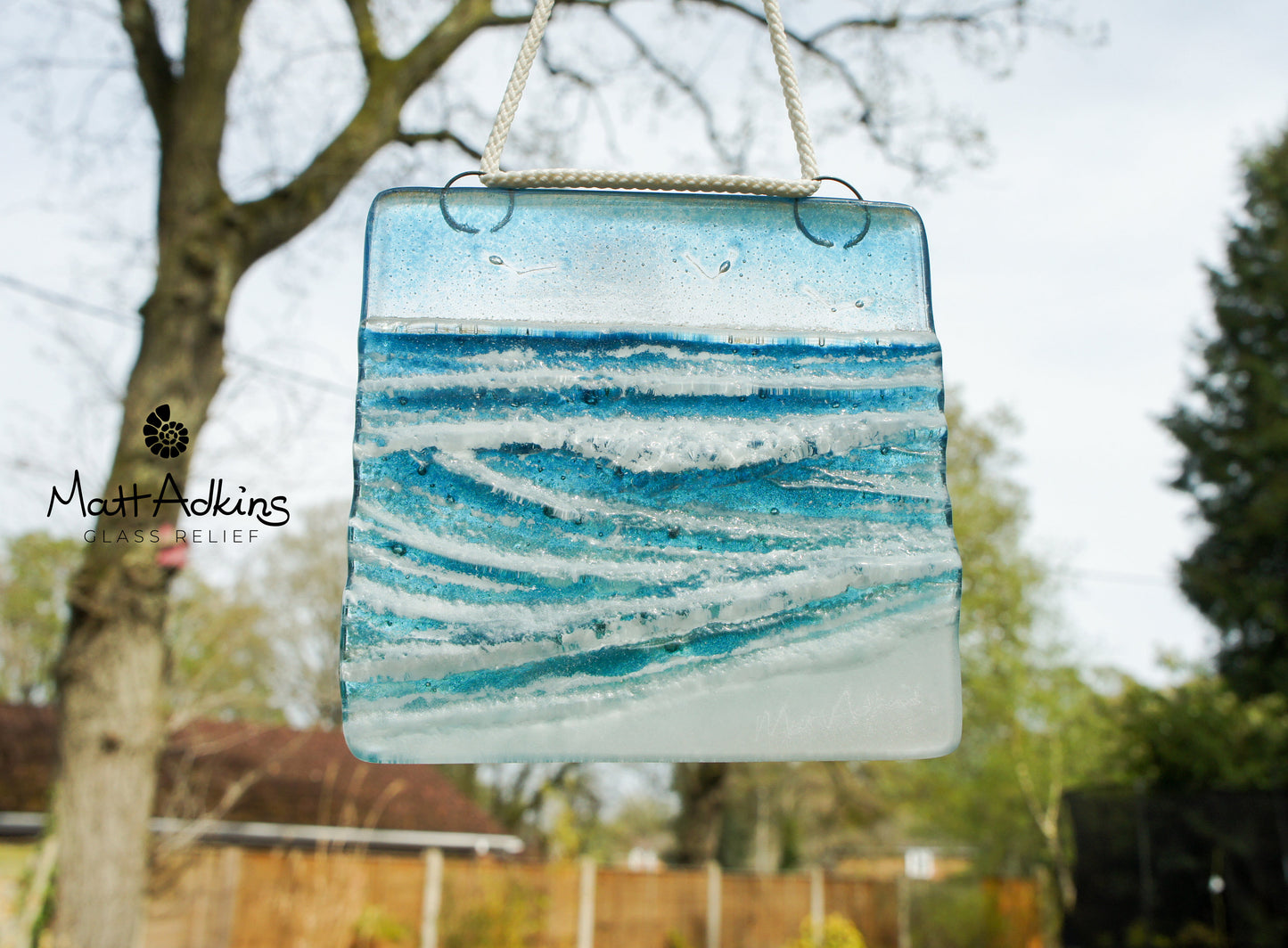 fused glass wave ocean sea suncatcher window hanging decor 12cm with cord