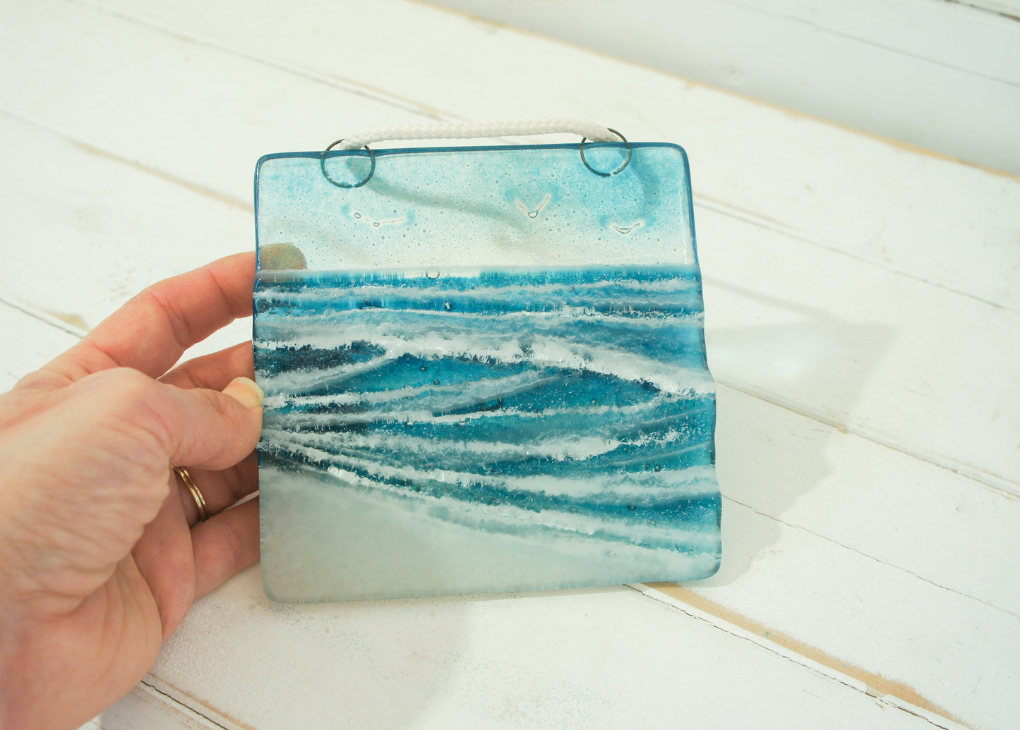 wave ocean square fused glass hanging window suncatcher