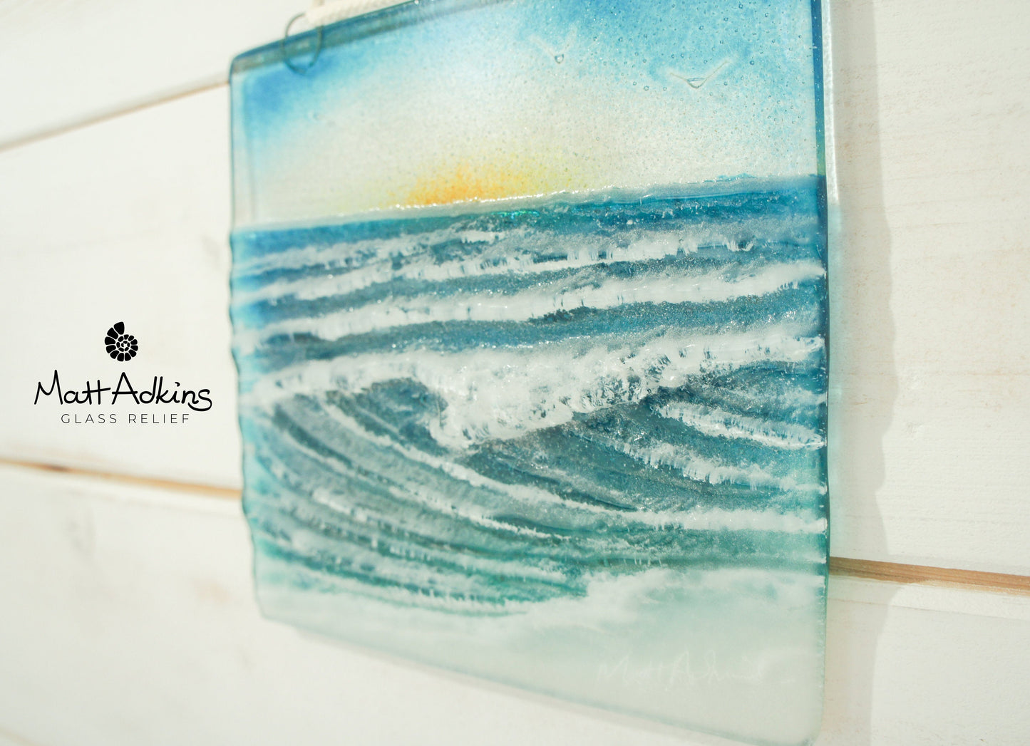 fused glass art wave ocean suncatcher hanging in window 15cm with cord