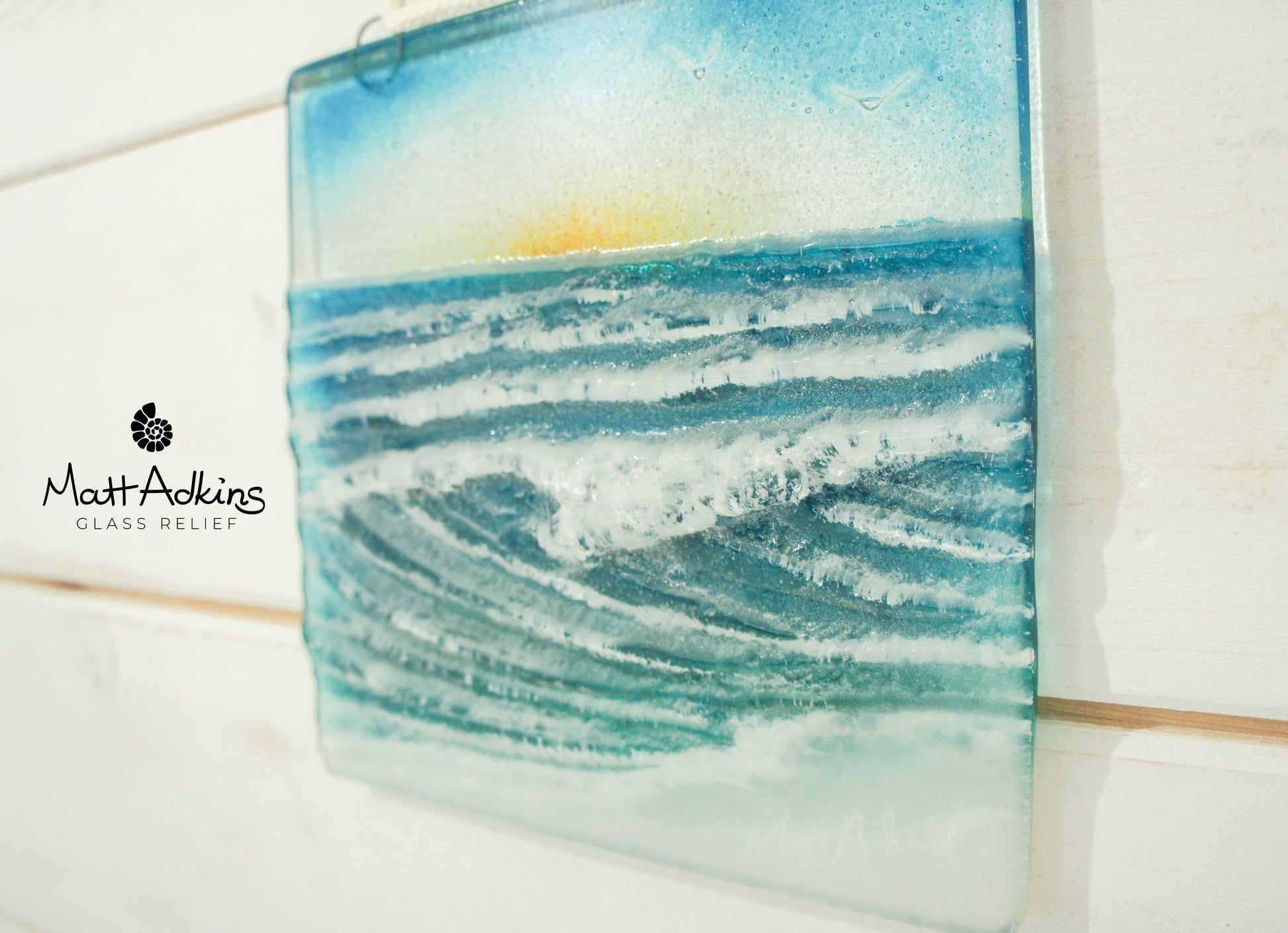 fused glass art wave ocean suncatcher hanging in window 15cm with cord