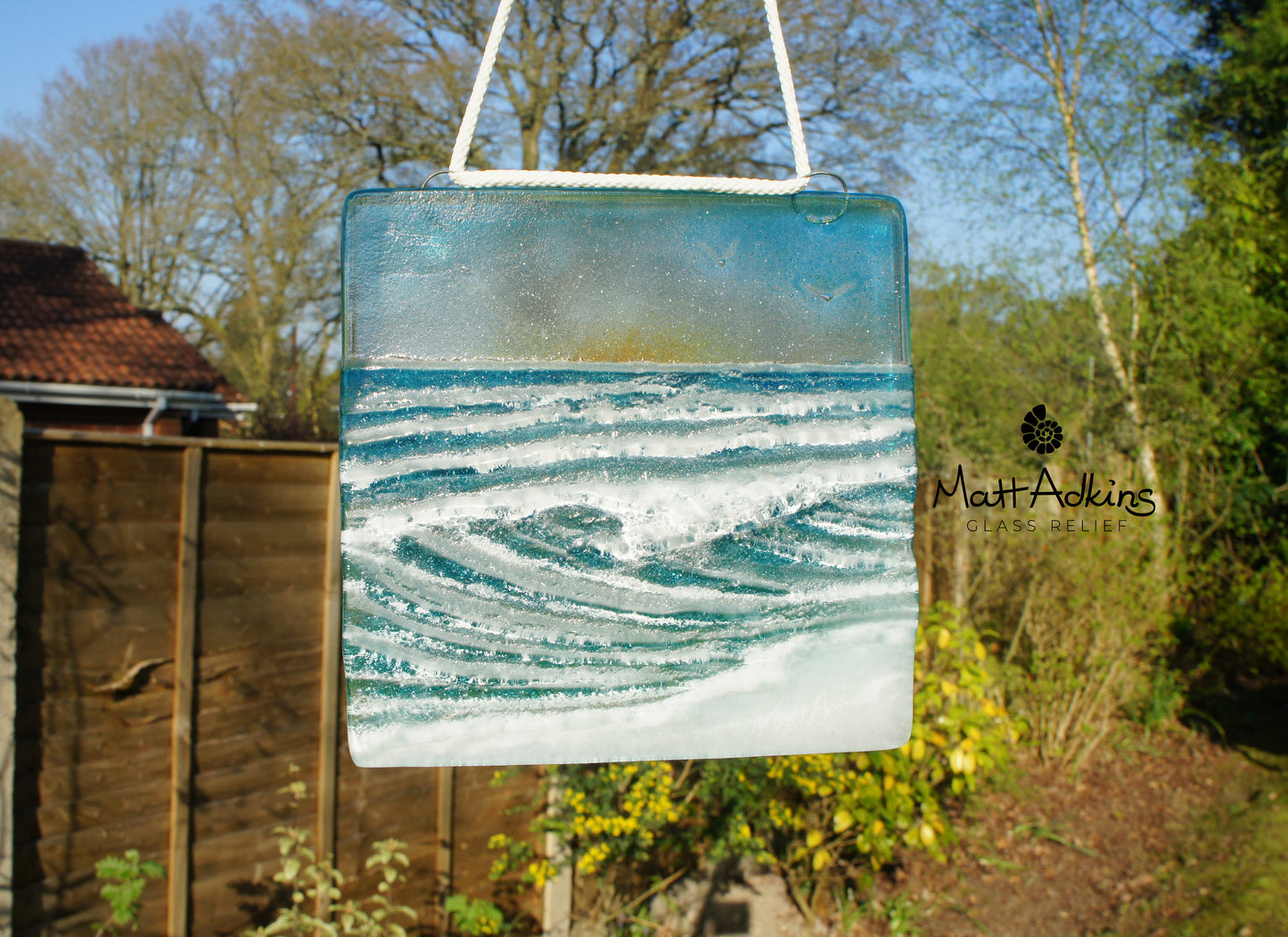 fused glass art wave ocean suncatcher hanging in window 15cm with cord