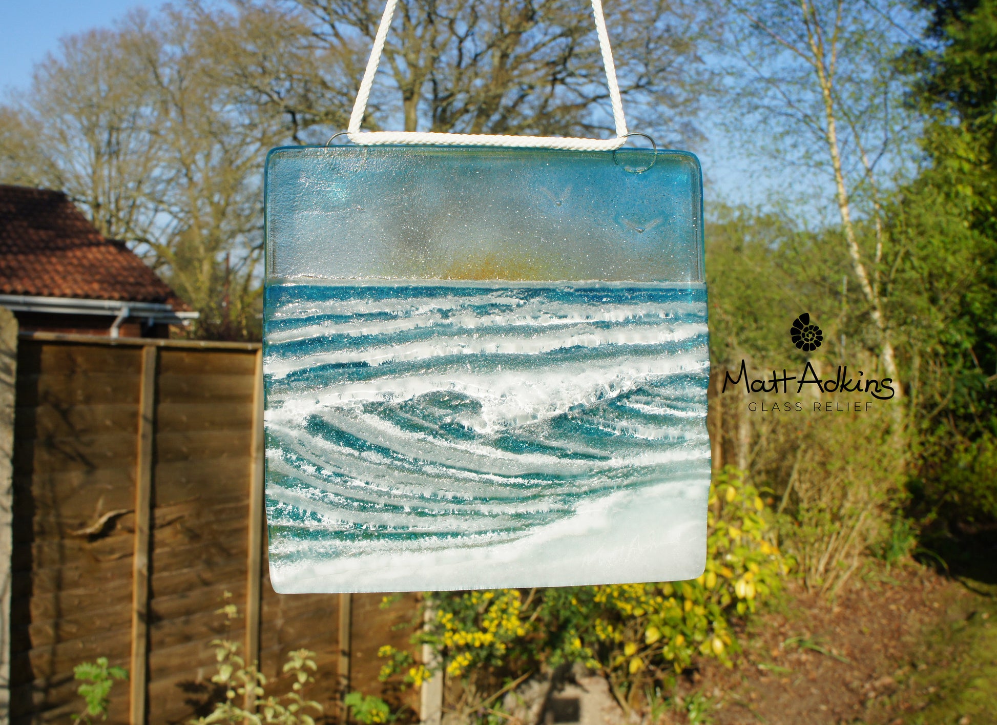 fused glass art wave ocean suncatcher hanging in window 15cm with cord