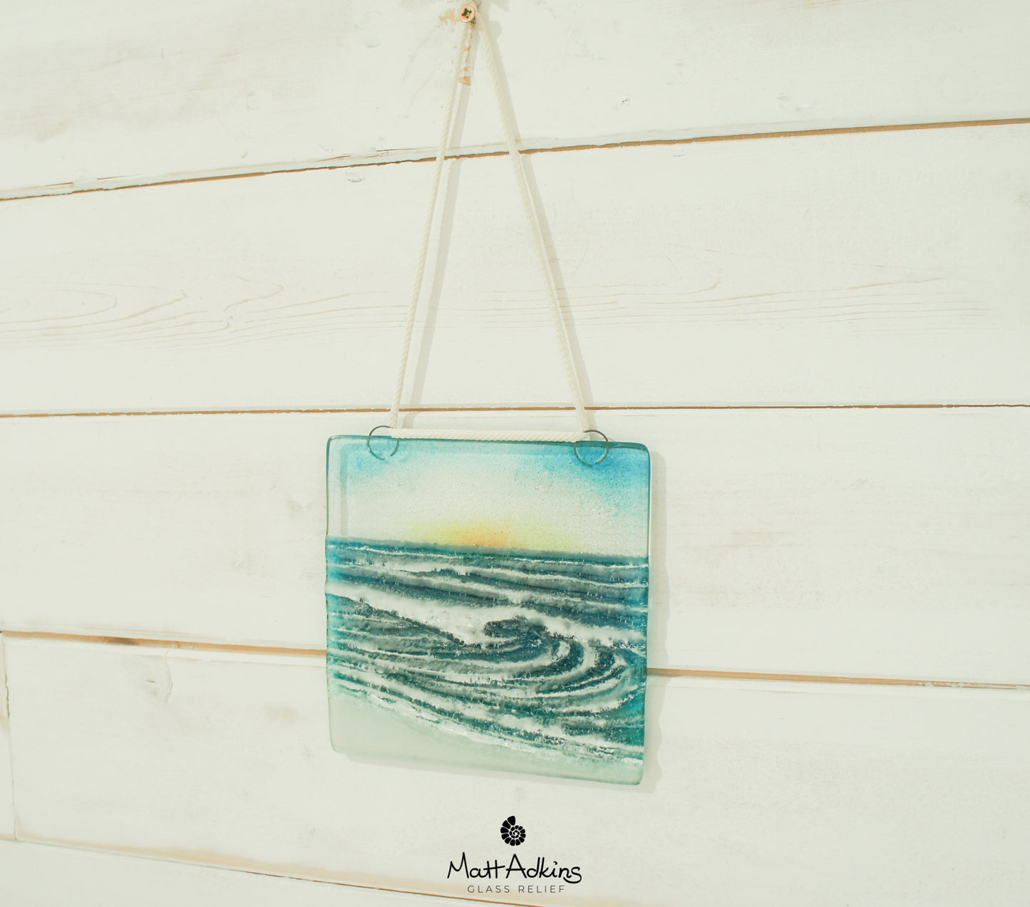 fused glass art wave ocean suncatcher hanging in window 15cm with cord