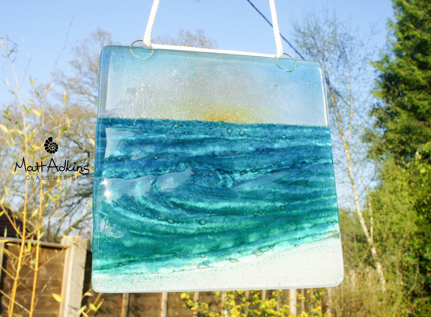 fused glass art wave ocean suncatcher hanging in window 15cm with cord