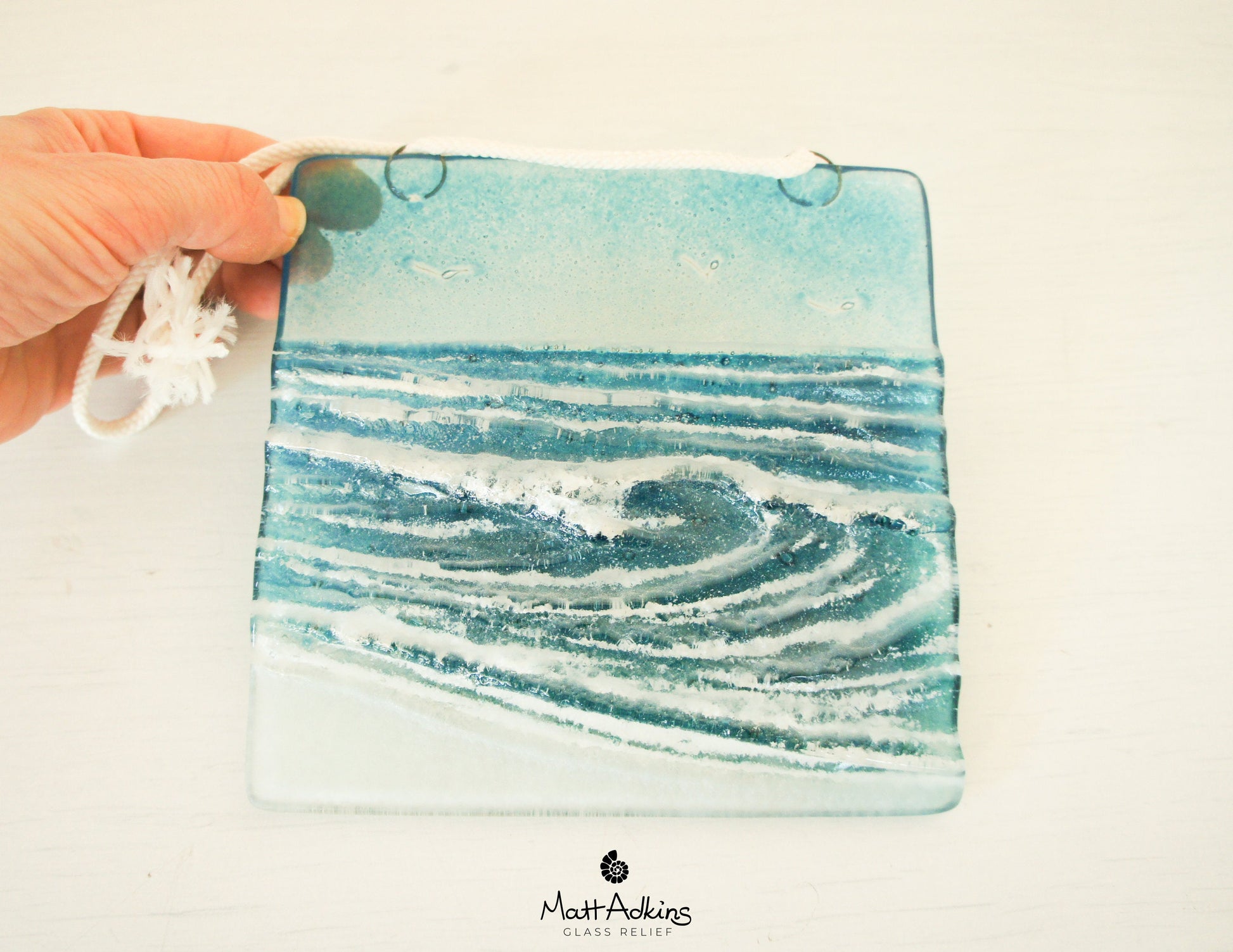 fused glass art wave ocean suncatcher hanging in window 15cm with cord