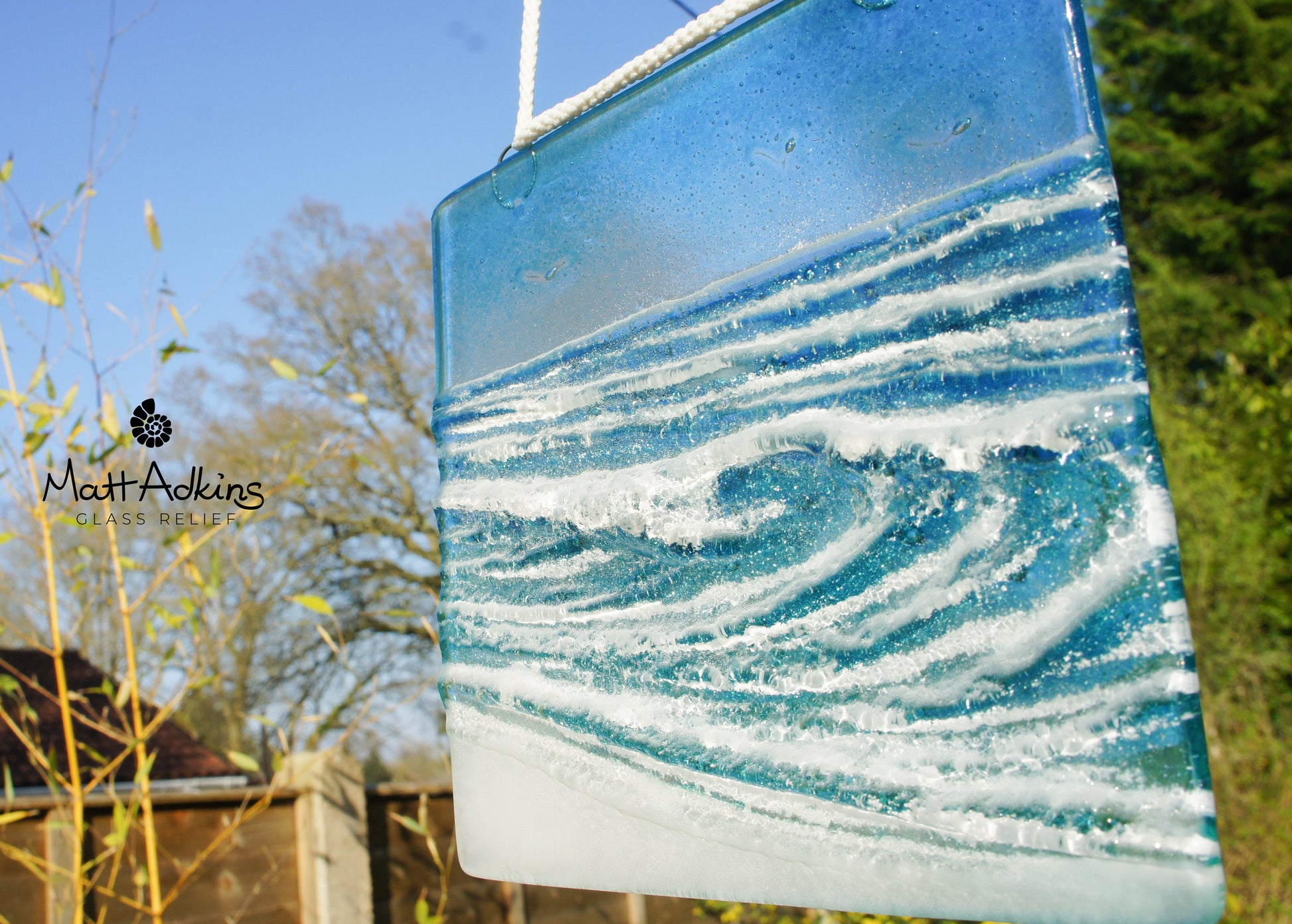 fused glass art wave ocean suncatcher hanging in window 15cm with cord