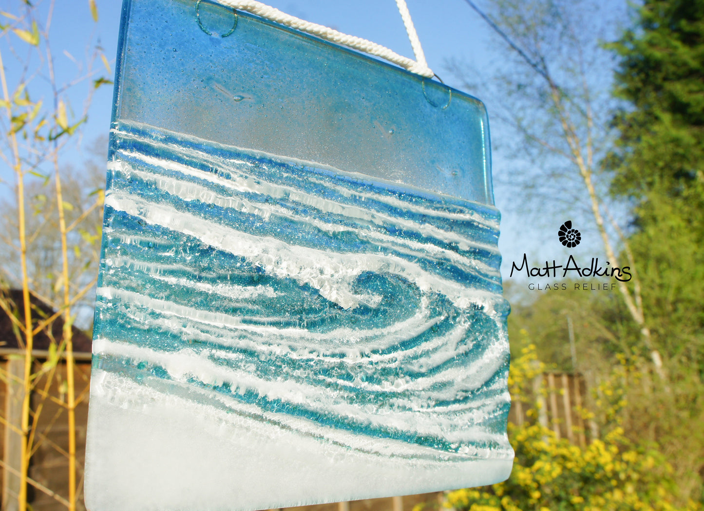 fused glass art wave ocean suncatcher hanging in window 15cm with cord